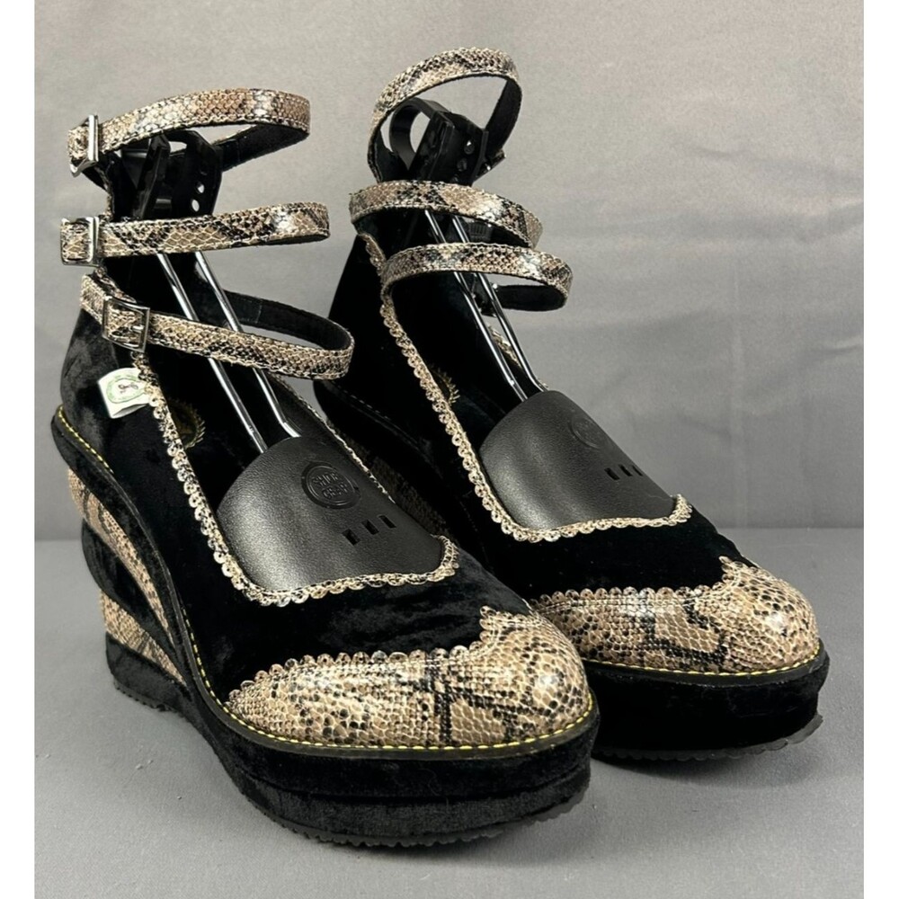 Miss L Fire Retro Velvet Snakeskin Platform Wedge Strap Heels 40 / 9.5